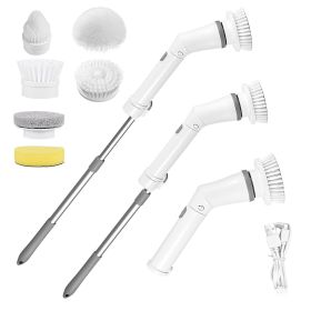 1Set Electric Spin Scrubber Cordless Rechargeable Telescopic Cleaning Brush 6 Replaceable Heads 2 Speed Adjustable Extension Arm Bathroom Tub Til (Color: White)