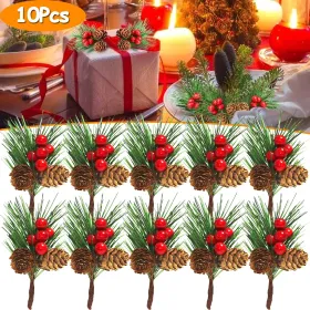 10 PCS Christmas Mini Artificial Pine Picks With Red Berries And Natural Pinecones Evergreen Pine Sprigs Holly Berries Faux Pine Needles For Fest (Option: 10pcs)
