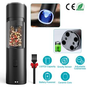 Electric Salt And Pepper Grinder Automatic Gravity Sensor Battery Powered Salt Mill LED Indicator Adjustable Coarseness One Hand Easy Operation (Color: Black)