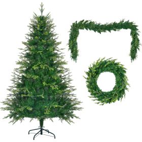 6 Feet Pre-Lit Aspen Fir Artificial Christmas Tree With Garlands And Garlands, Grass Green Christmas Tree With 380 Multi-Color LED Lights, 11 Lig (Color: Green)