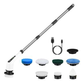 1Pc Electric Spin Scrubber Cordless Rechargeable Telescopic Cleaning Brush 8 Replaceable Heads 2 Speed Adjustable Extension Arm Bathroom Tub Tile (Color: White)