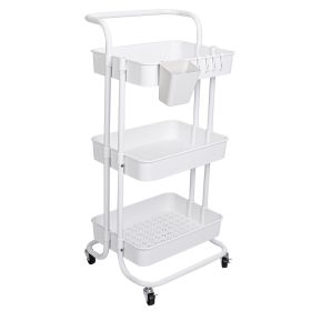Black-White Color Options 1Pc 3 Tier Rolling Utility Cart Movable Storage Organizer With Mesh Baskets Lockable Wheels 360 Degree Rotatable Hangin (Color: White)