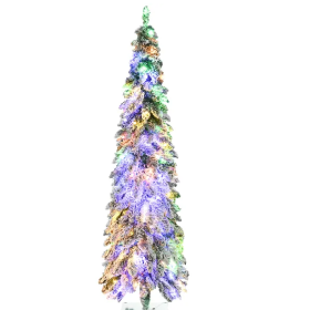 HOMCOM 6ft Tall Prelit Pencil Artificial Christmas Tree Holiday Decor With 407 Snow Flocked Branches, 250 Warm White Or Colorful LED Lights, Down (Option: AS pic)