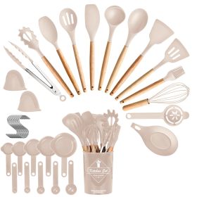 4 Colors Options -- Set Of 35Pcs Kitchen Cooking Utensils Set Spatula Set Baking Utensil Set Kitchen Accessories Necessities With Holder Egg Whis (Color: Khaki)