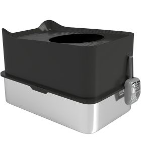 Extra Large Stainless Steel Litter Box, Enclosed Cat Litter Box With Scoop, Top Entrance, Non-slip Pads, Black (Color: Black)