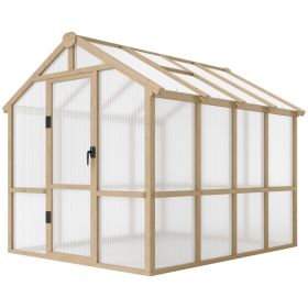 6.6 X 8 Ft. Polycarbonate Greenhouse Wooden Walk-in Greenhouse Kit With Thickened Panels, Roof Vent, And Lockable Door (Option: Natural wood color)